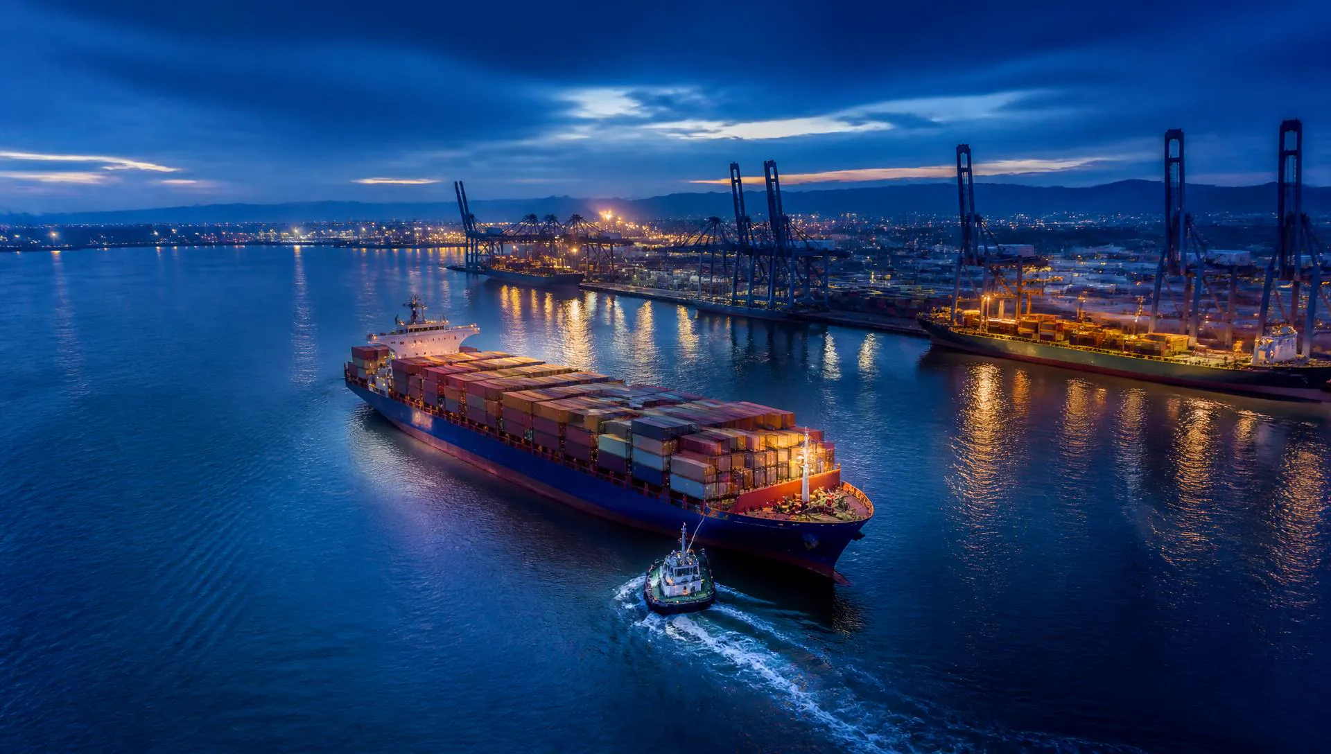 International container port at dusk