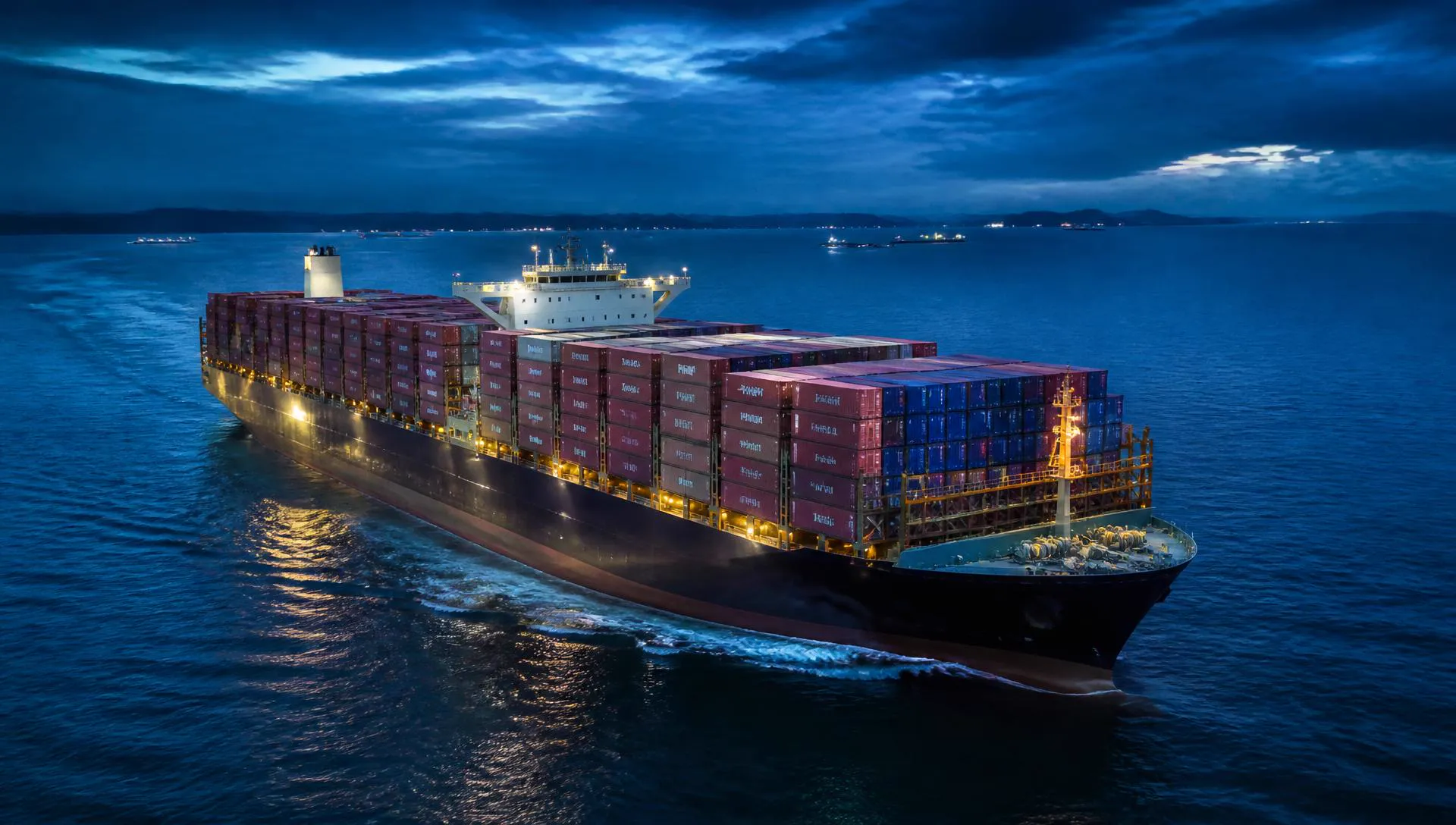 Ultra-large container ship at sea during blue hour